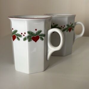 2 Porsgrund Norway Hearts & Pines Octagonal Christmas Coffee Tea Cups Mugs